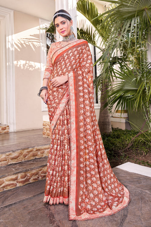 Rust Georgette Printed Saree With Border And Blouse Piec