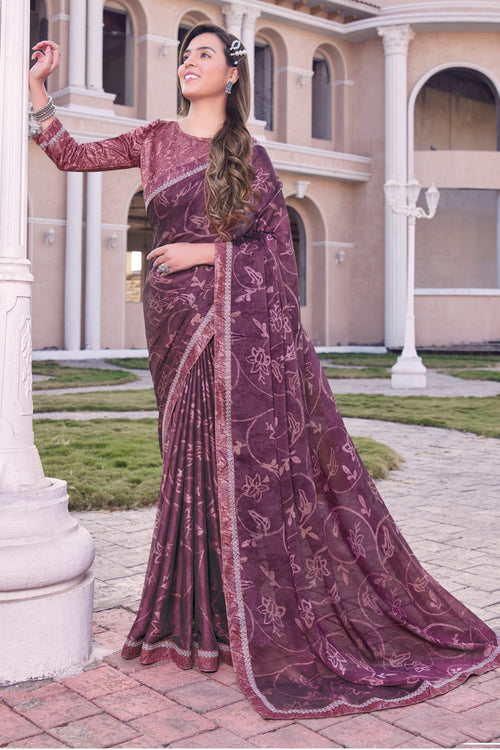 Magenta Georgette Printed Saree With Border And Blouse Piece