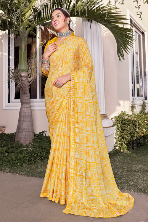 Yellow Georgette Printed Saree With Border And Blouse Piece