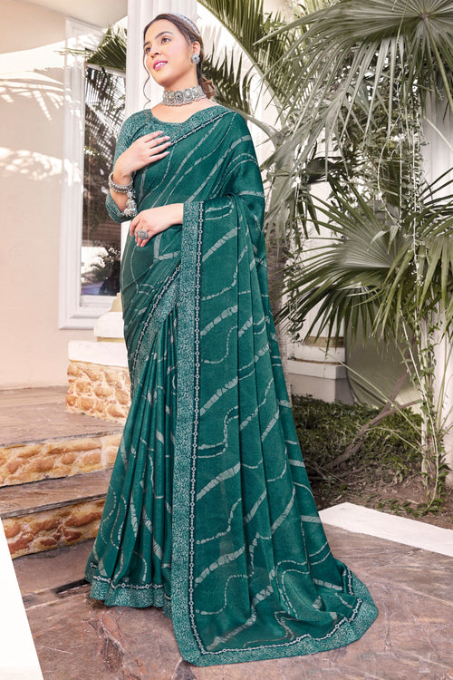 Dark Teal Georgette Printed Saree With Border And Blouse Piece