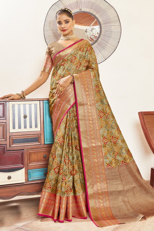 Beige & Red Silk Digital Print Saree With Woven Border And Woven Blouse Piece