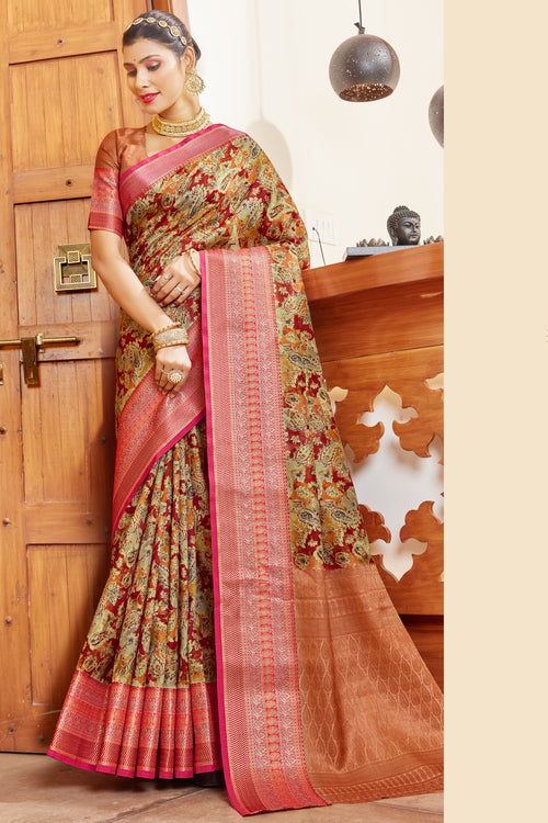 Multicolour Silk Digital Print Saree With Woven Border And Woven Blouse Piece