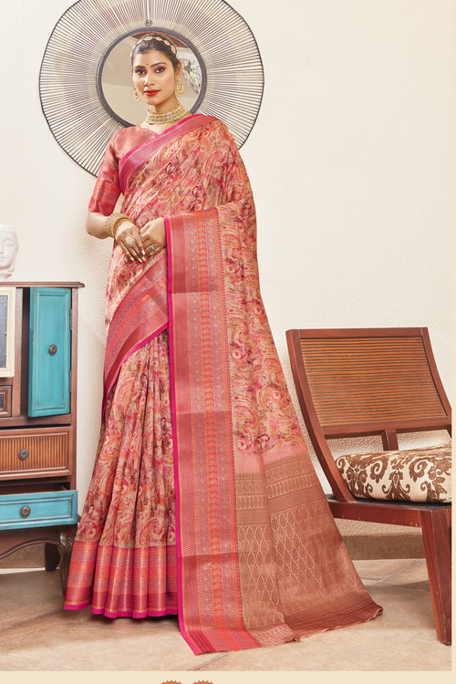 Salmon Silk Digital Print Saree With Woven Border And Woven Blouse Piece