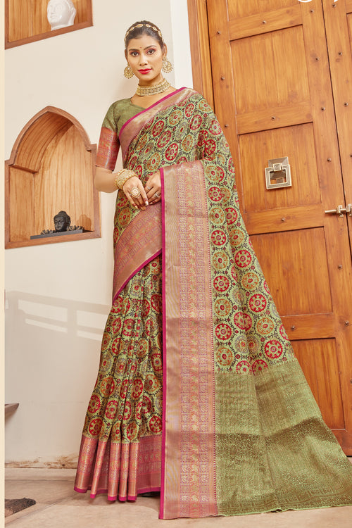 Moss Green Silk Digital Print Saree With Woven Border And Woven Blouse Piece