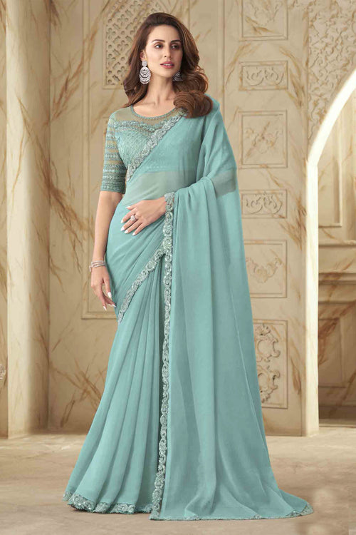 Turquoise Colour Golden Silk Georgette saree