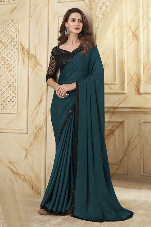 Dark Teal Mirror Silk Saree