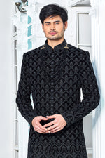 Black Thread Embroidered Sherwani Set In Art Silk For Mens