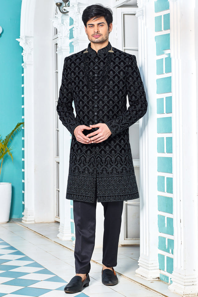 Black Thread Embroidered Sherwani Set In Art Silk For Mens