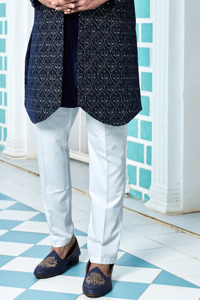 Navy Blue Embroidered Jacket Style Indo-western Set For mens