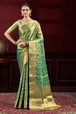 Elegant Green  & Gold Banarasi Paper Tissue Silk Saree