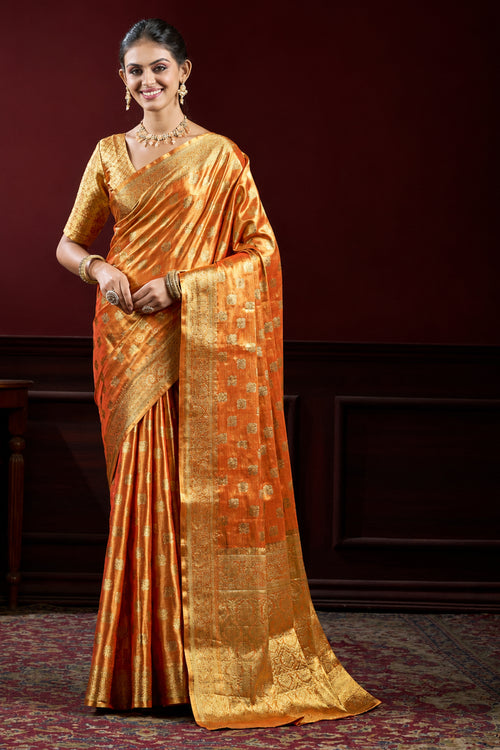 Royal Orange & Gold Banarasi Paper Tissue Silk Saree