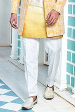 Amber Yellow Embroidered Indo-Western In Tussar Silk For Mens