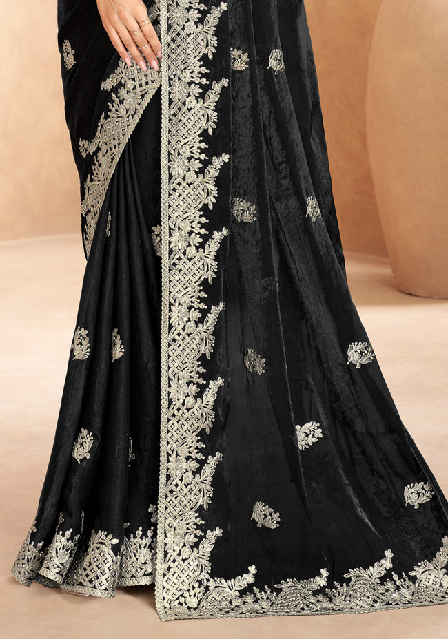 Black Satin Contemporary Saree with Sequins Work
