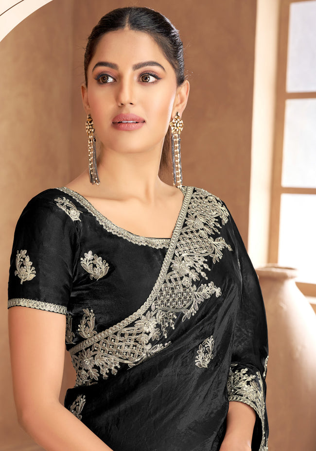 Black Satin Contemporary Saree with Sequins Work