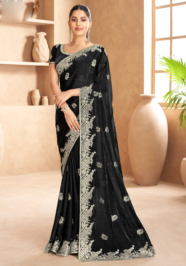 Black Satin Contemporary Saree with Sequins Work