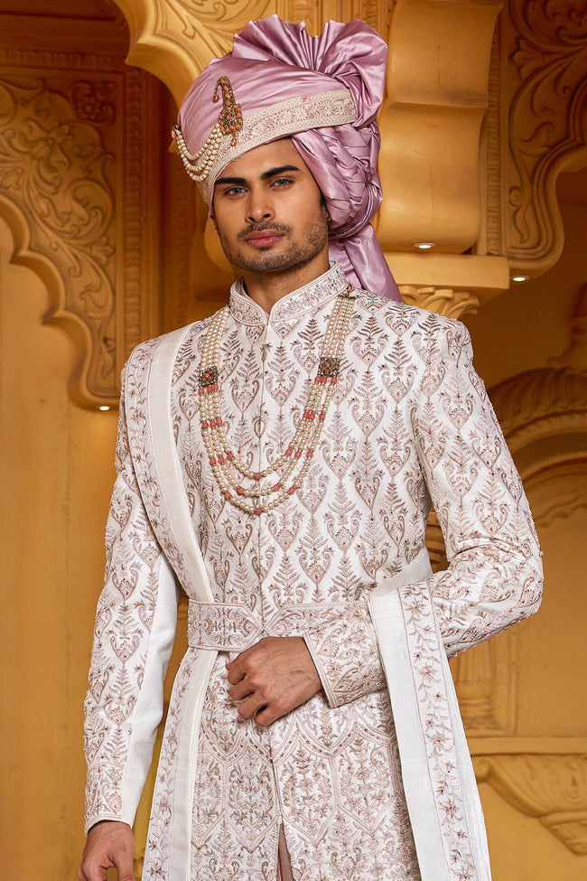 Cream Color Royal Look  Anarkali Style Sherwani For Men's
