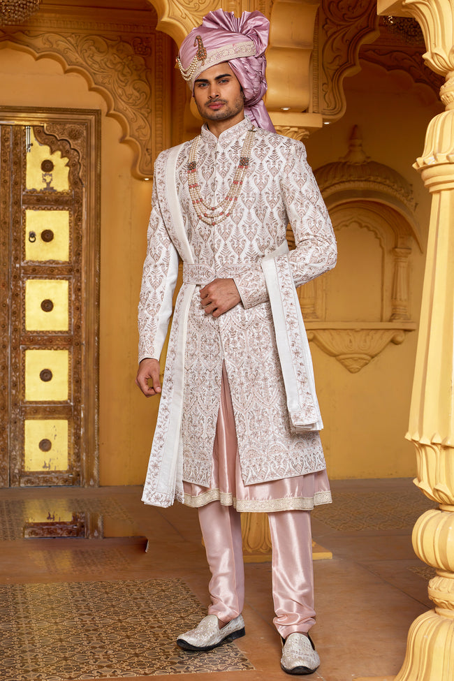 Cream Color Royal Look  Anarkali Style Sherwani For Men's