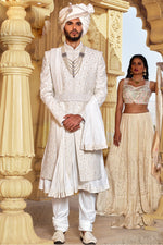 Golden Cream Anarkali Style Embroidered Sherwani For Mens