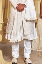 Golden Cream Anarkali Style Embroidered Sherwani For Mens