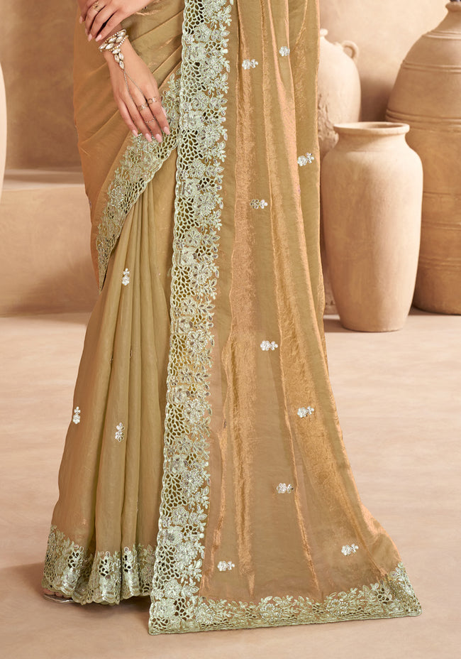 Khaki Satin Cut, Embroidered, Sequins, Stone and Zari Work Trendy Saree