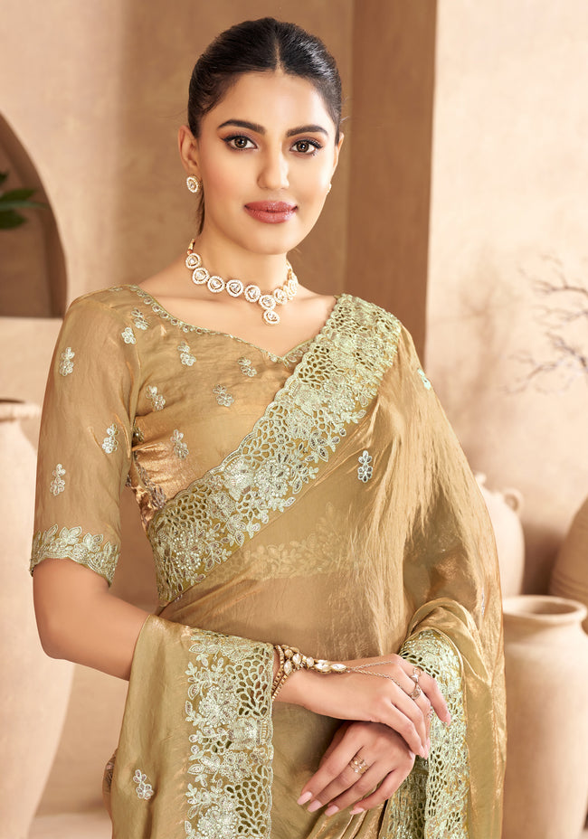 Khaki Satin Cut, Embroidered, Sequins, Stone and Zari Work Trendy Saree