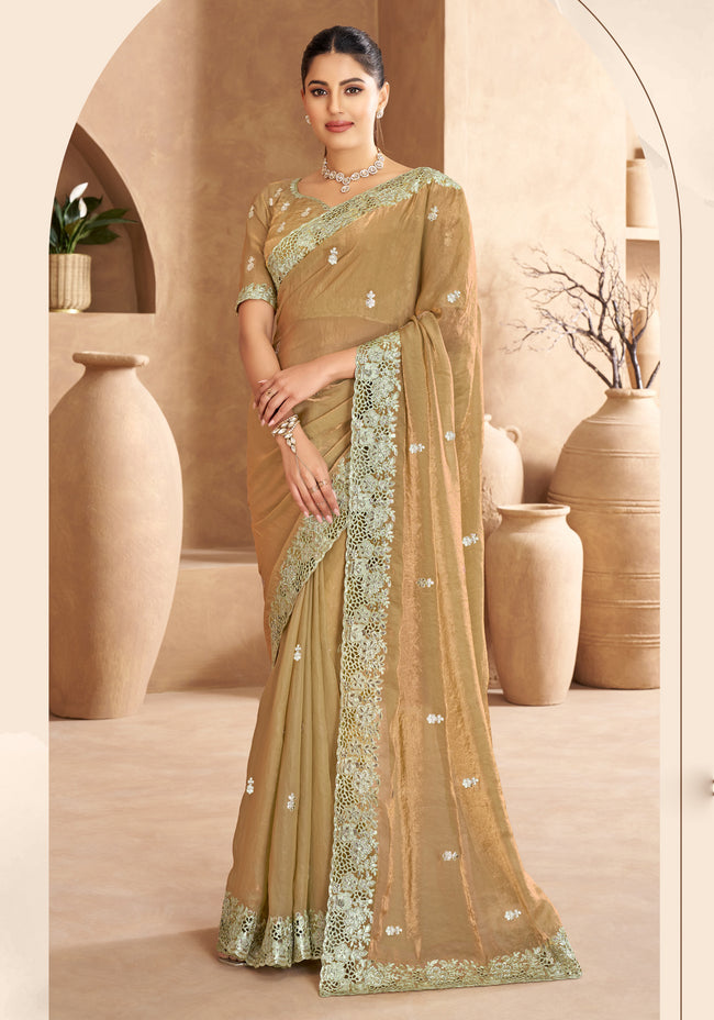Khaki Satin Cut, Embroidered, Sequins, Stone and Zari Work Trendy Saree