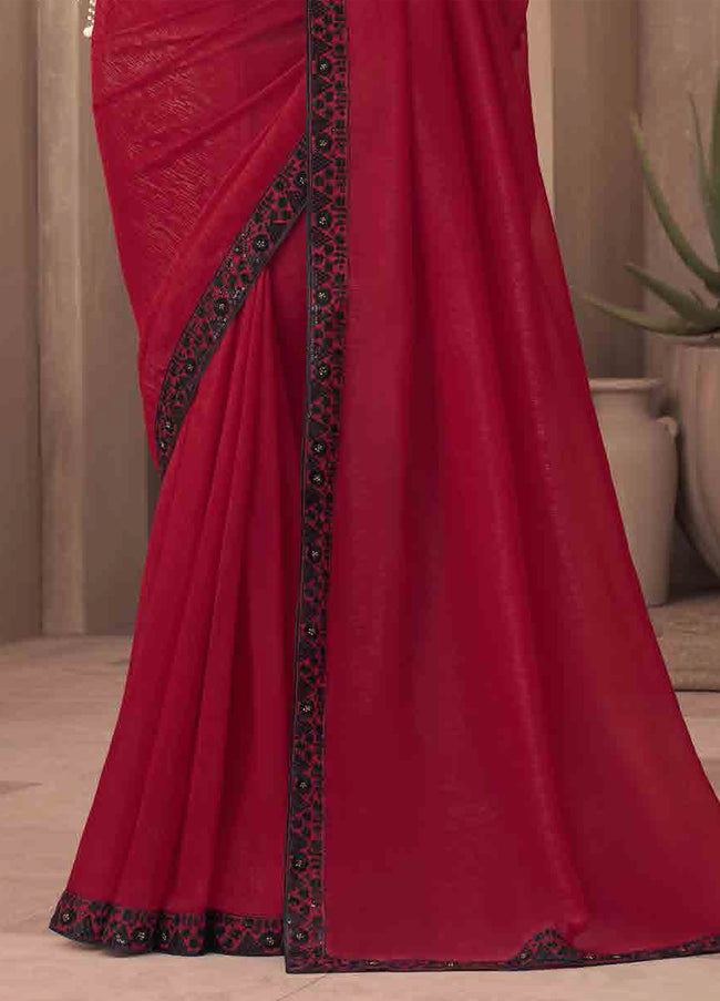 Red Weave Silk Saree With Black Embroidery & Sequence Work Border And Net Blouse Piece