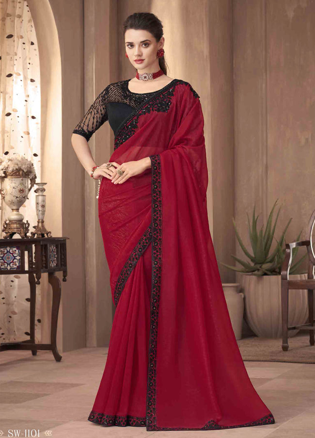 Red Weave Silk Saree With Black Embroidery & Sequence Work Border And Net Blouse Piece