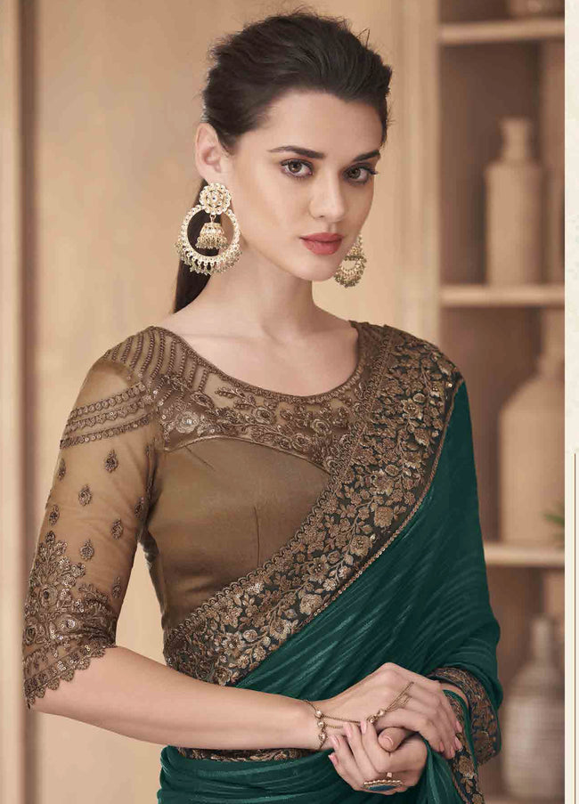 Bottle Green Mexico Pattern Silk Saree With Golden Embroidery & Sequence Work Border And Net Blouse Piece