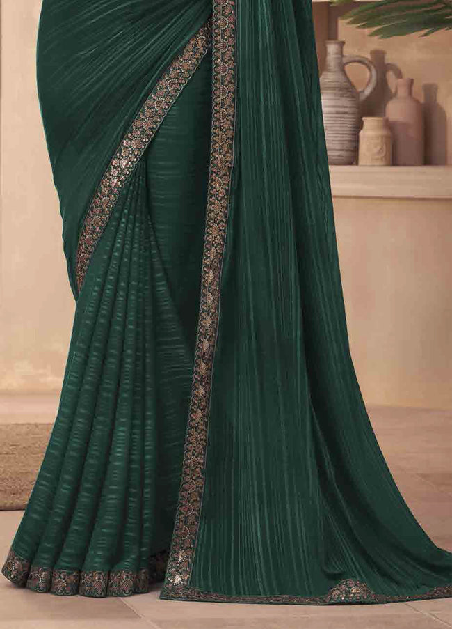 Bottle Green Mexico Pattern Silk Saree With Golden Embroidery & Sequence Work Border And Net Blouse Piece