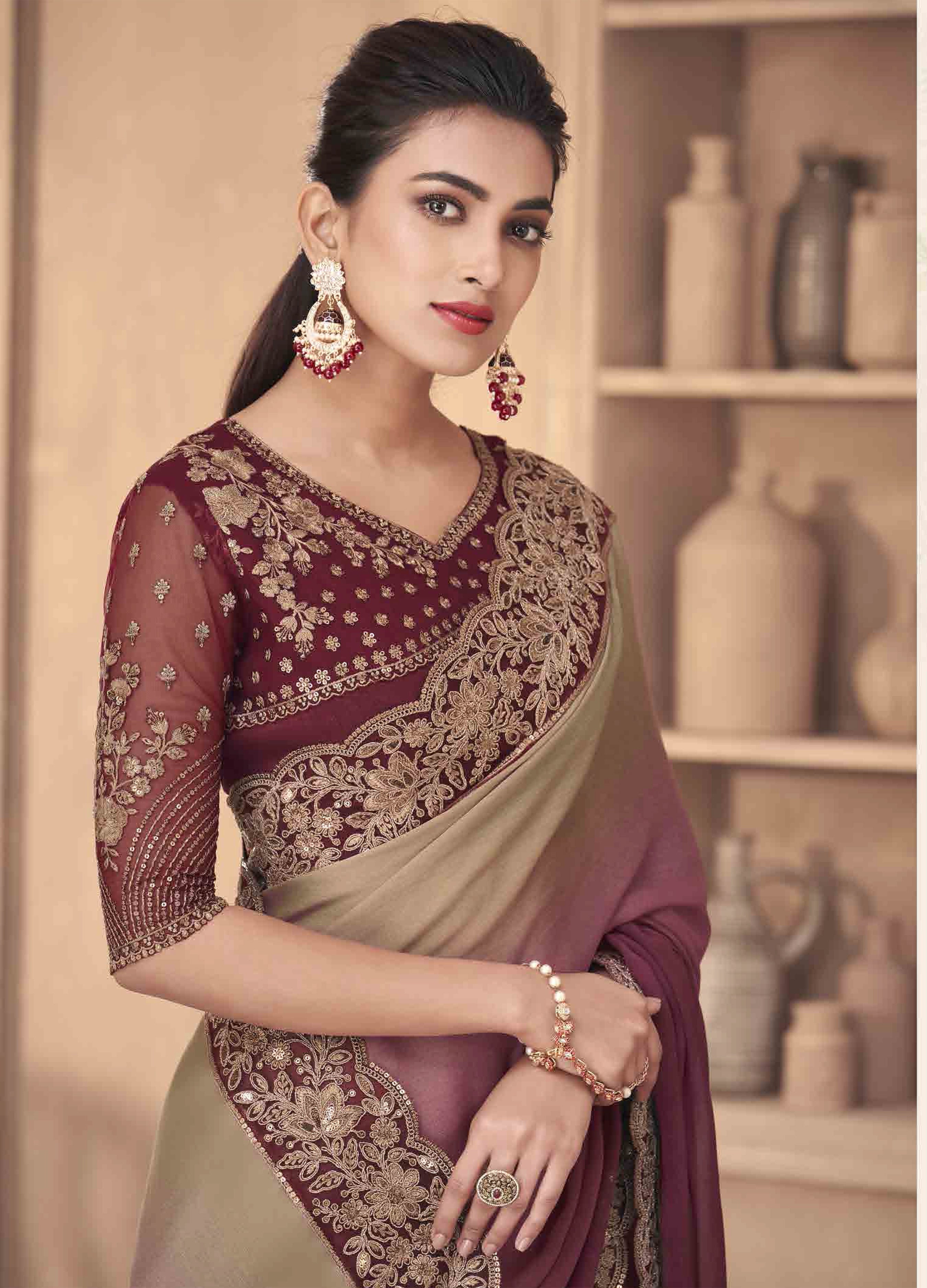 Buy Dark Purple Color Pure Silk Fabric Embroidered Saree Online - SREV3176  | Appelle Fashion