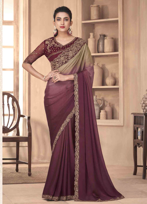 Grape Purple Milano Silk Saree With Embroidery & Sequence Work Border And Net Blouse Piece