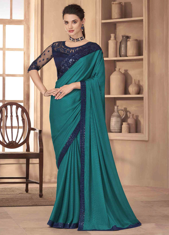 Rama Soft Touch Silk Saree With Embroidery & Sequence Work Border And Embroidery & Sequence Work Blouse Piece