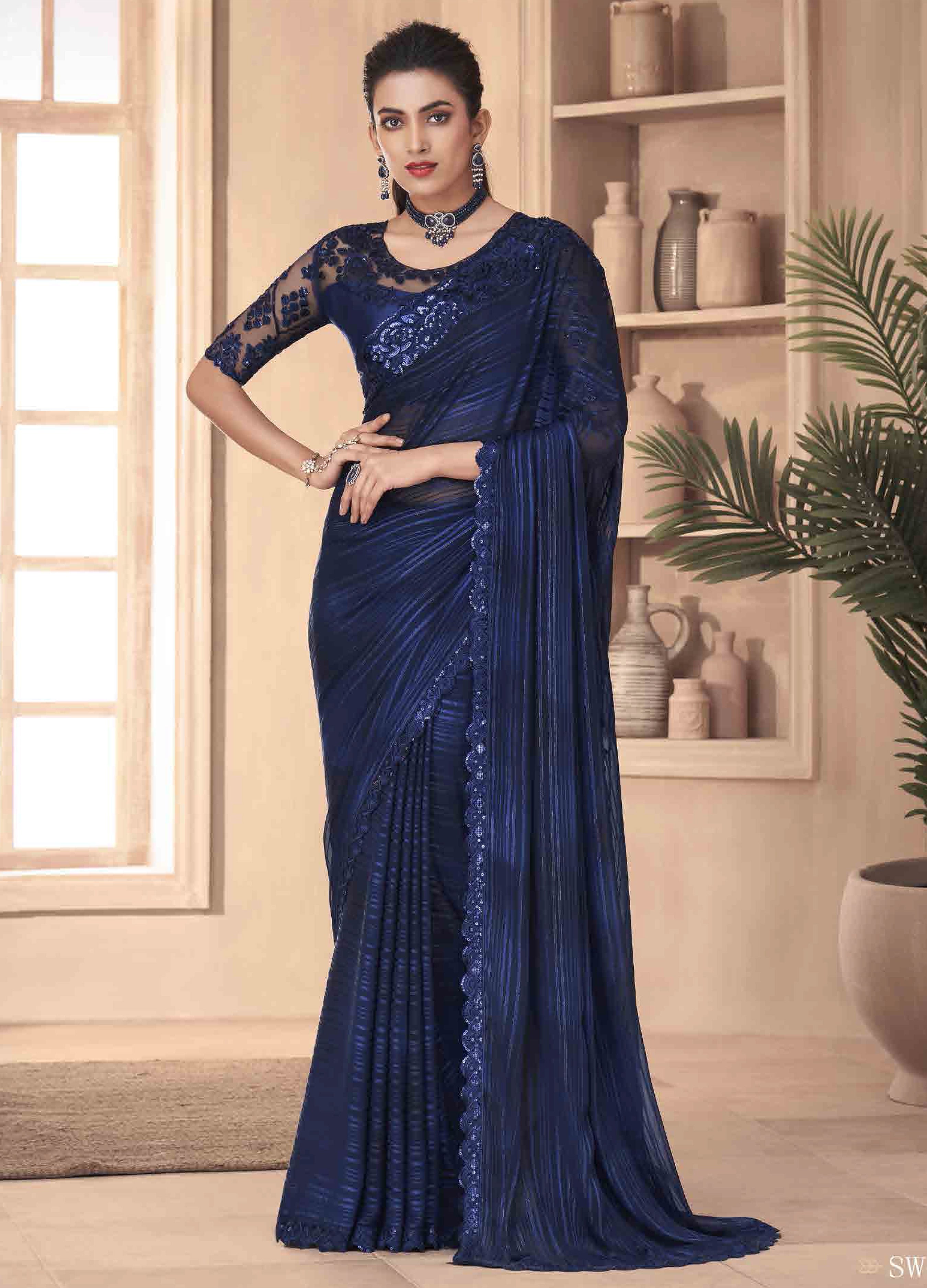 Navy Blue Two Tone Georgette Saree And Mexico Pattern Silk & Net Blous –  paanericlothing