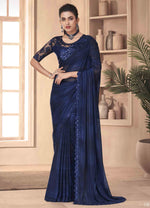 Navy Blue Two Tone Georgette Saree And Mexico Pattern Silk & Net Blouse Piece