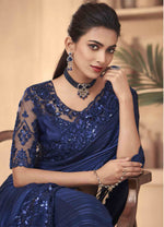 Navy Blue Two Tone Georgette Saree And Mexico Pattern Silk & Net Blouse Piece