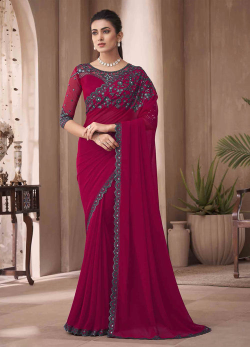 Maroon Georgette Two Tone  Honey Georgette Saree With Embroidered Border, & Net Blouse Piece