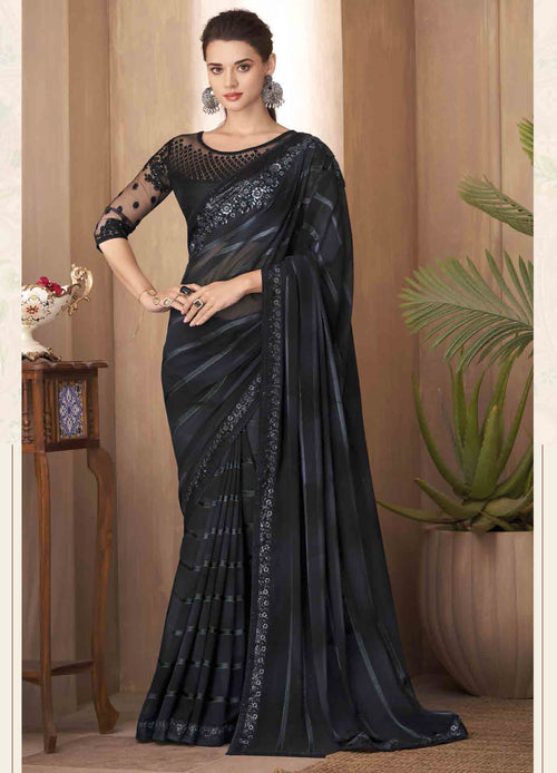 Black Sequance Work Rainbow Pattern Silk Saree With Embroidered Work  Net Blouse Piece