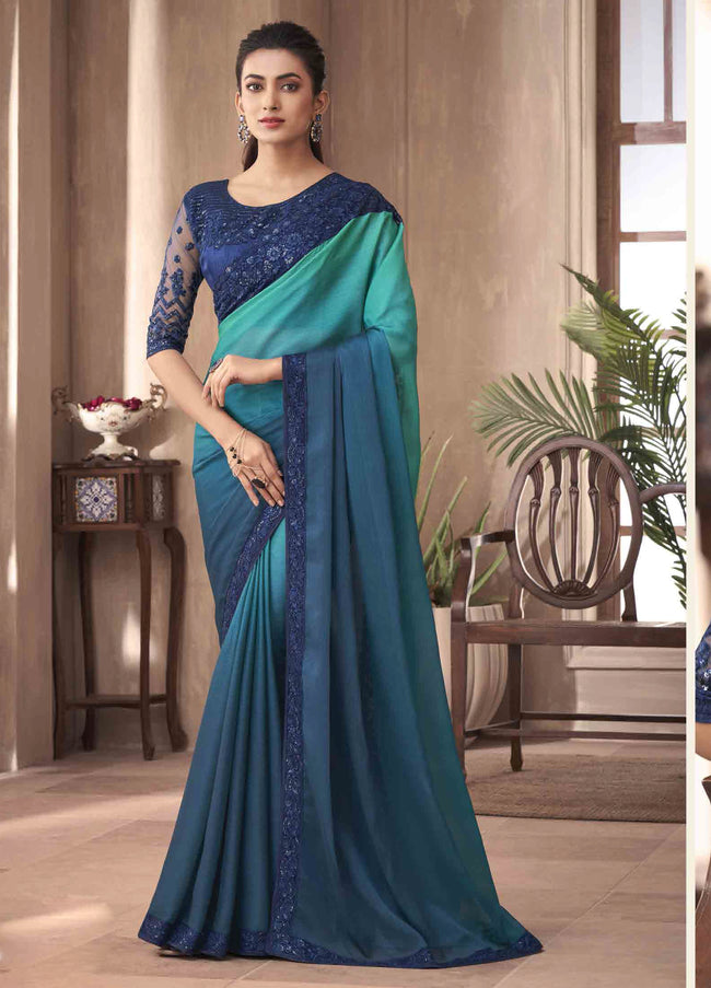 Rama Blue Milano Silk Saree With Embroidered Border And Net Blouse Piece