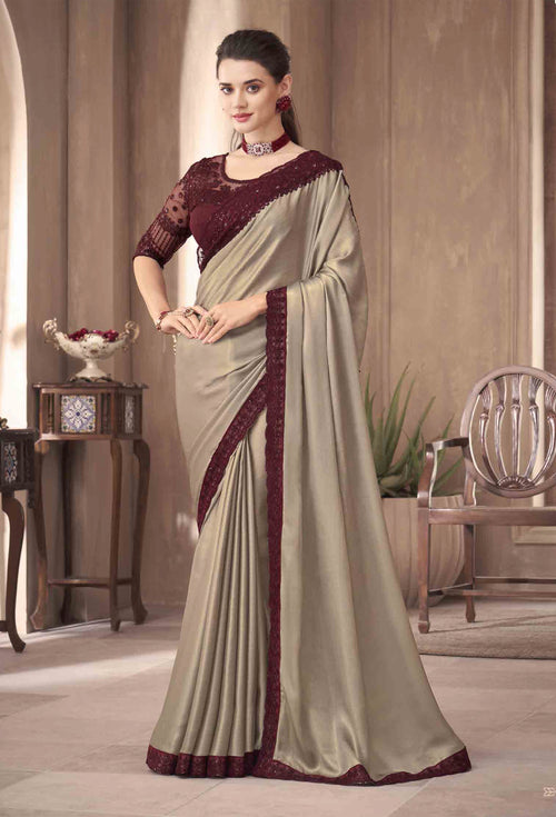Beige Georgette & Sunshine Shimmer Saree With Embroidered Border & Net Blouse Piece