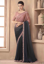 Salmon With Black Milano Silk Saree With Embroidery Blouse Piece
