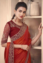 Orange  Mexico Pattern Silk Saree With Embroidery & Sequence Work Border And Net Blouse Piece