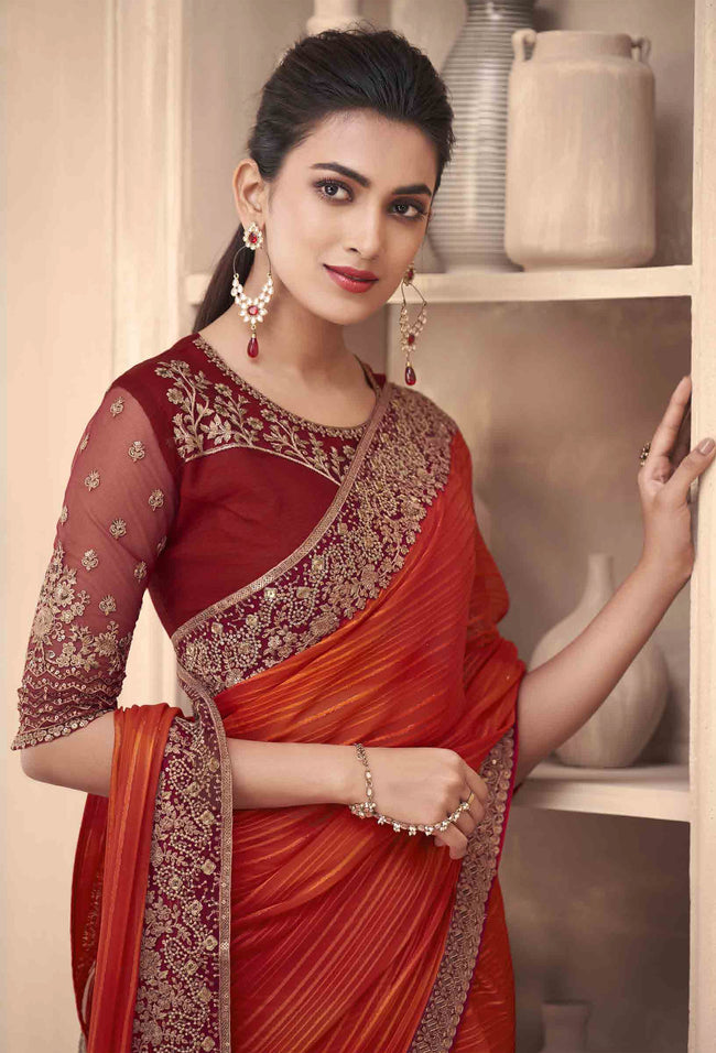 Orange  Mexico Pattern Silk Saree With Embroidery & Sequence Work Border And Net Blouse Piece