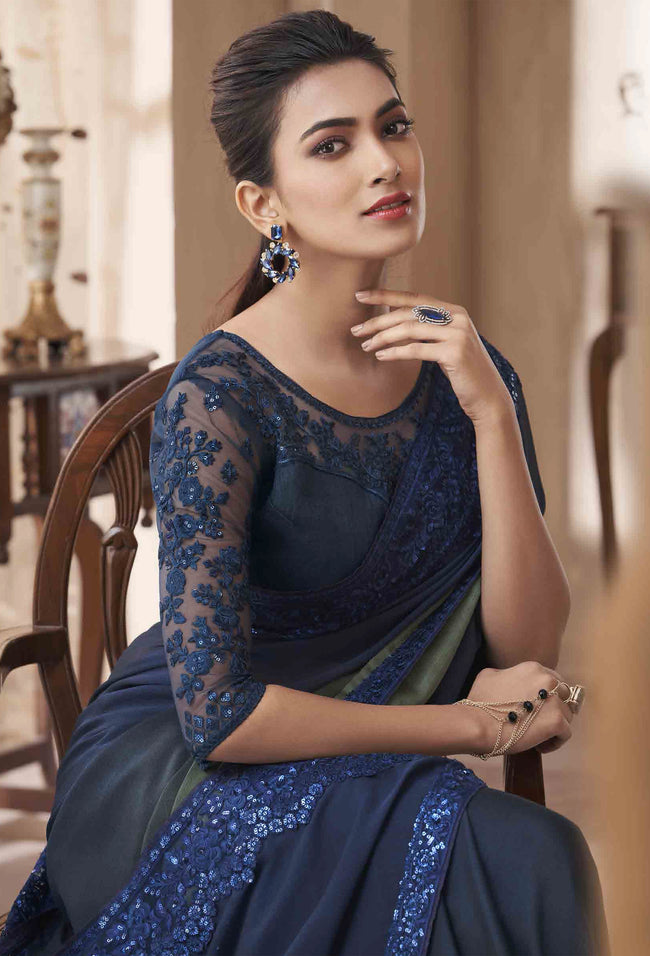 Navy Blue Milano Silk Saree With Embroidered Border And Net Blouse Piece