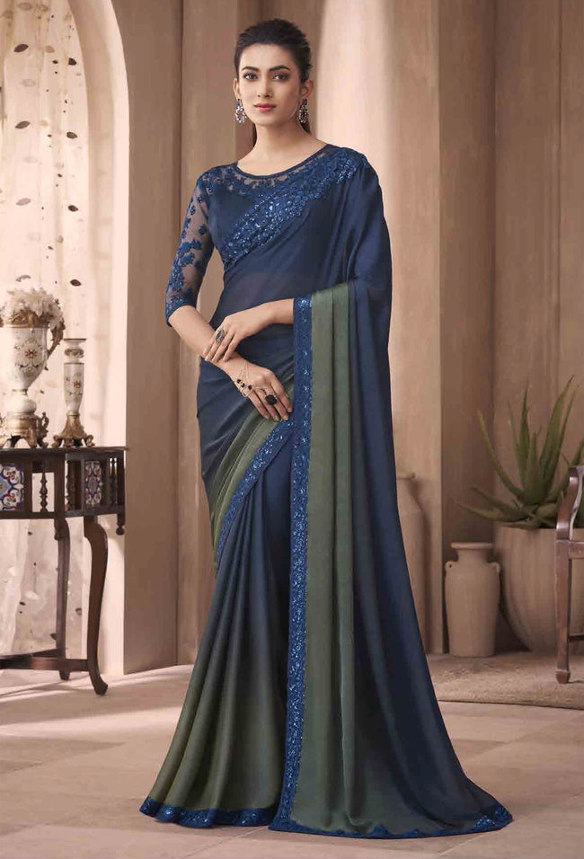 Navy Blue Milano Silk Saree With Embroidered Border And Net Blouse Piece