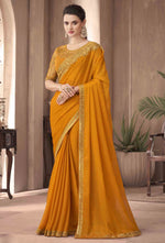 Mustard Yellow Selfie Silk Saree With Embroidery Work Net Blouse Piece