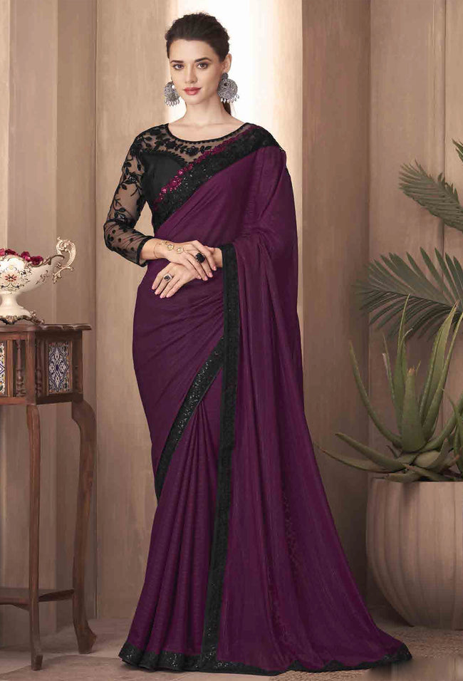 Purple Soft Touch Silk Saree With Embroidery & Sequence Work Border And Embroidery Work Net Blouse Piece
