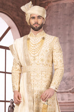 Golden Heavy Embroidered Groom Anarkali Style Sherwani Set For Men