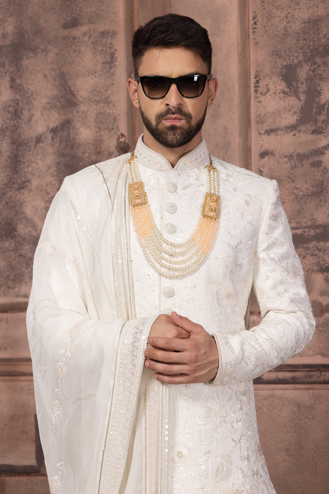 White Silk Heavy Embroidered Sherwani Set  For Men