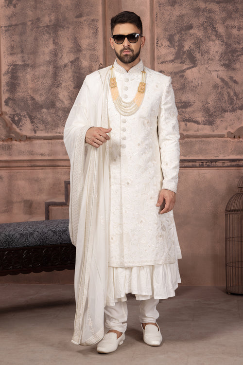 White Silk Heavy Embroidered Sherwani Set  For Men